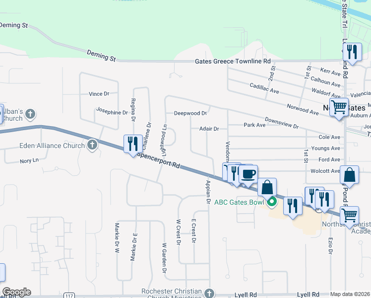 map of restaurants, bars, coffee shops, grocery stores, and more near 29 Bobbie Drive in Rochester