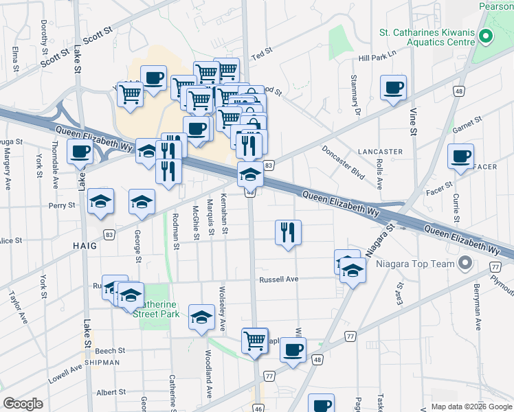 map of restaurants, bars, coffee shops, grocery stores, and more near in St. Catharines