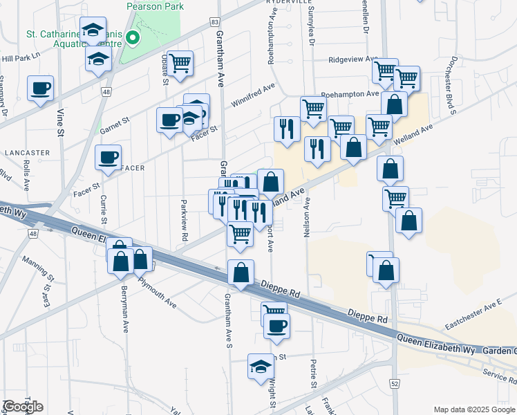 map of restaurants, bars, coffee shops, grocery stores, and more near 455 Welland Avenue in St. Catharines