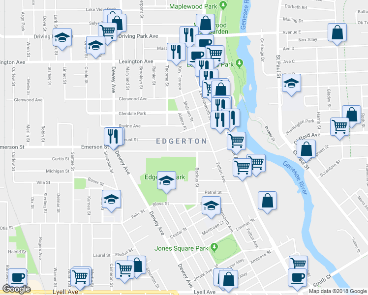 map of restaurants, bars, coffee shops, grocery stores, and more near 144 Emerson Street in Rochester