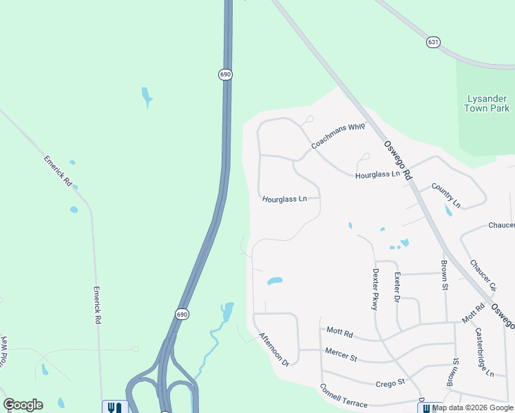map of restaurants, bars, coffee shops, grocery stores, and more near 412 Hourglass Lane in Baldwinsville
