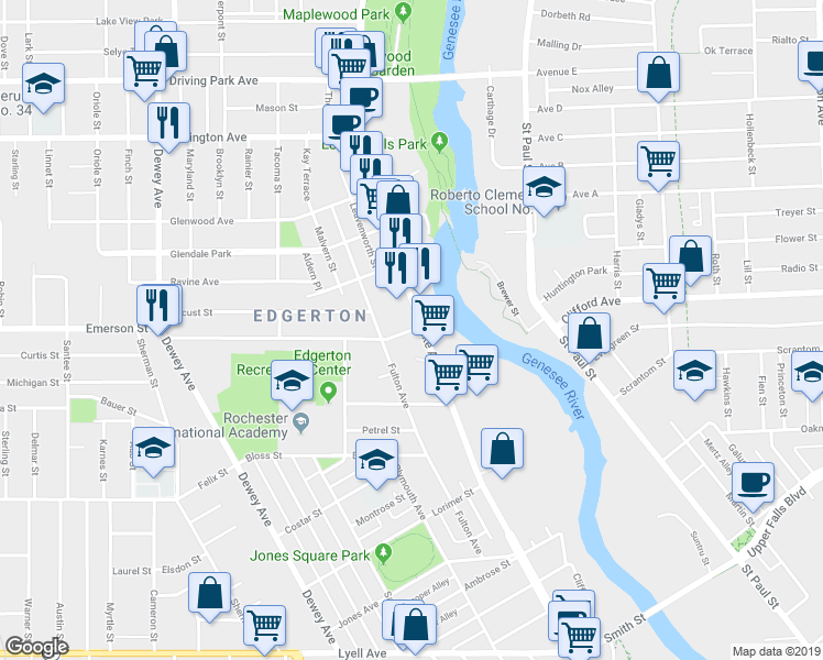 map of restaurants, bars, coffee shops, grocery stores, and more near 14 Emerson Street in Rochester