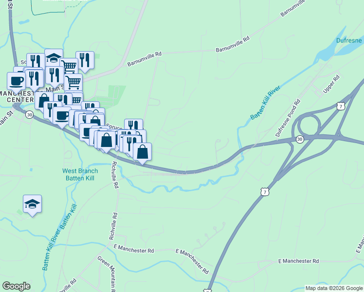 map of restaurants, bars, coffee shops, grocery stores, and more near 117 Eagle Nest Road in Manchester