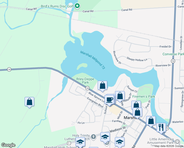 map of restaurants, bars, coffee shops, grocery stores, and more near 870 Wisconsin 19 in Marshall