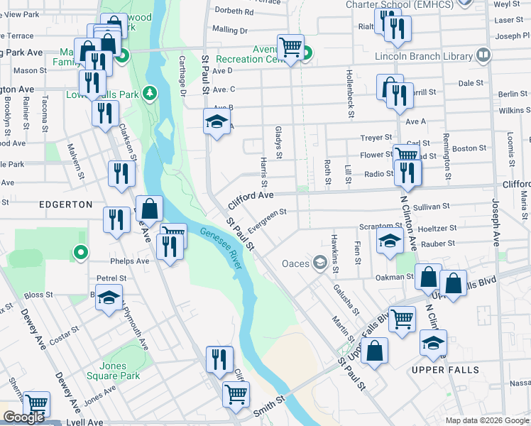 map of restaurants, bars, coffee shops, grocery stores, and more near 20 Evergreen Street in Rochester