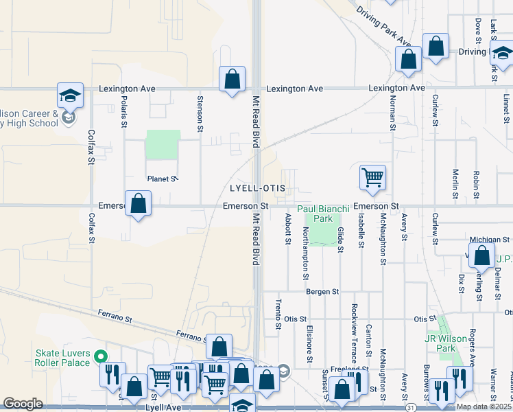 map of restaurants, bars, coffee shops, grocery stores, and more near Mount Read Boulevard & Emerson Street in Rochester