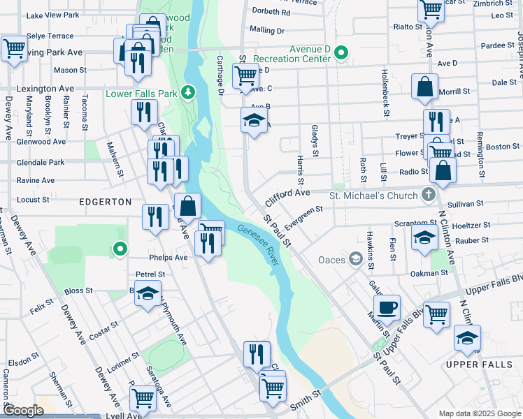 map of restaurants, bars, coffee shops, grocery stores, and more near Clifford Ave & St Paul St in Rochester
