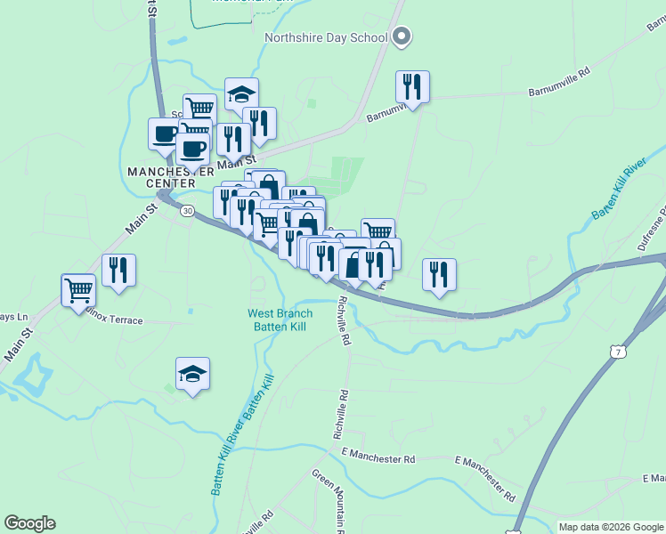 map of restaurants, bars, coffee shops, grocery stores, and more near 53 Elm Street in Manchester