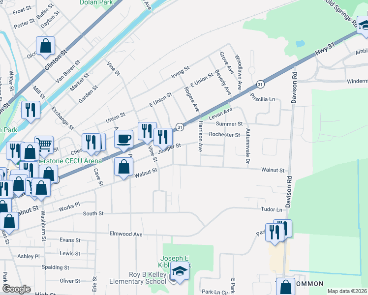 map of restaurants, bars, coffee shops, grocery stores, and more near 131 Juniper Street in Lockport