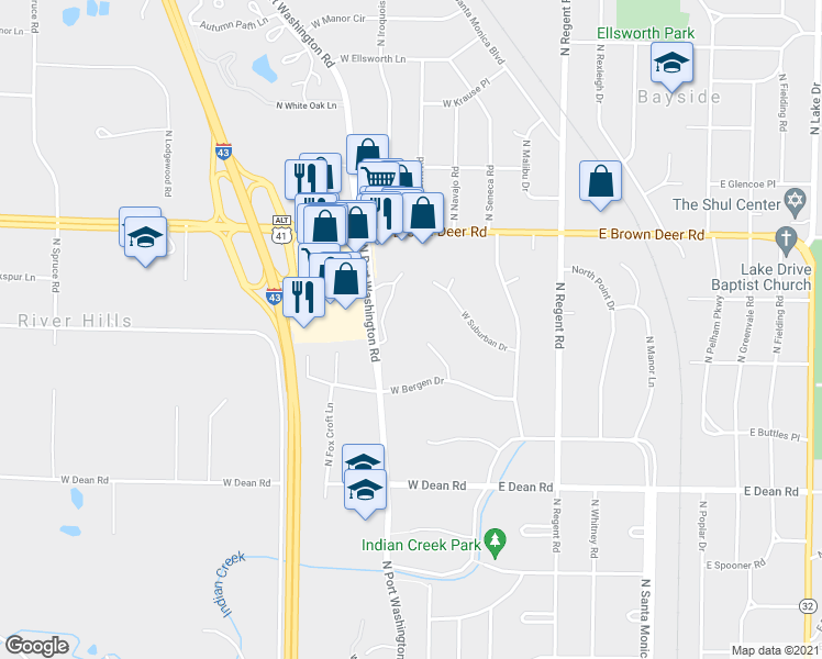map of restaurants, bars, coffee shops, grocery stores, and more near 8660 North Port Washington Road in Fox Point
