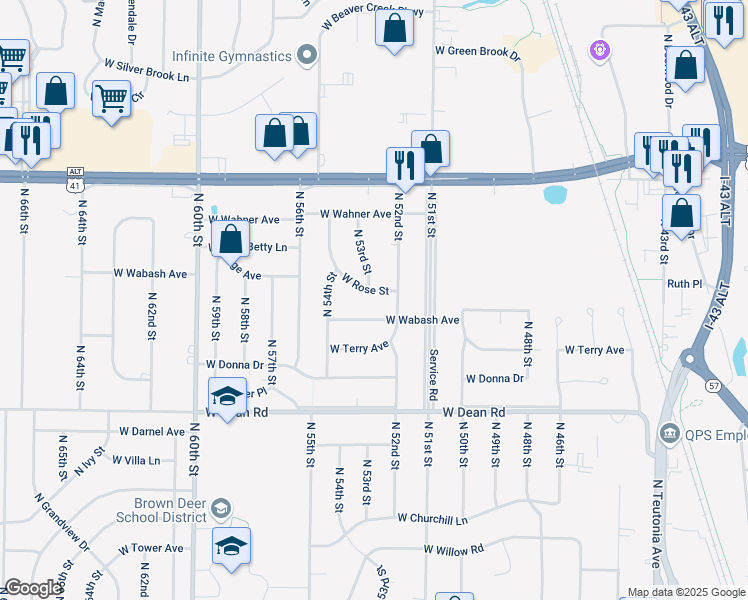 map of restaurants, bars, coffee shops, grocery stores, and more near 8601 North 52nd Street in Brown Deer