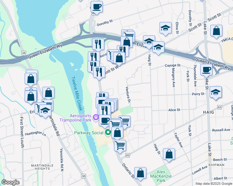 map of restaurants, bars, coffee shops, grocery stores, and more near 16 Manhattan Court in St. Catharines