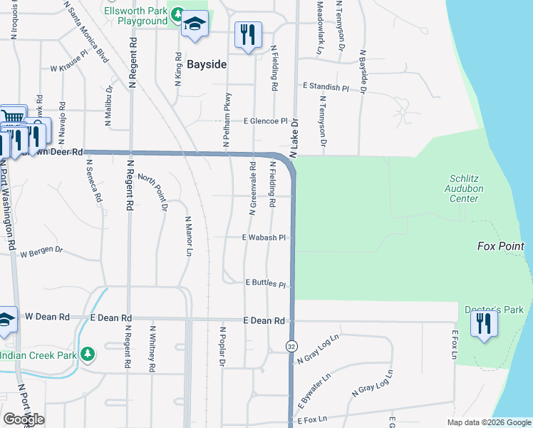 map of restaurants, bars, coffee shops, grocery stores, and more near 8675 North Fielding Road in Bayside