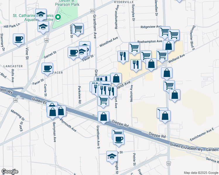 map of restaurants, bars, coffee shops, grocery stores, and more near 455 Welland Avenue in St. Catharines