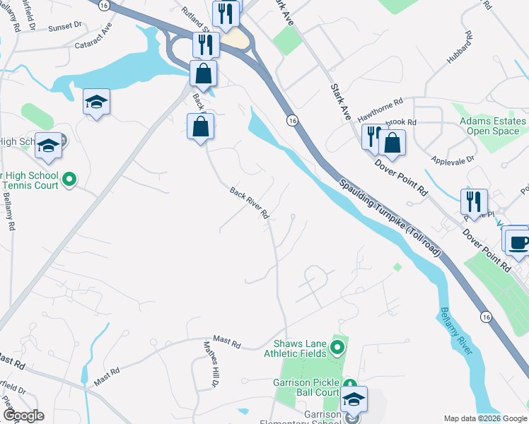 map of restaurants, bars, coffee shops, grocery stores, and more near 50 Back River Road in Dover