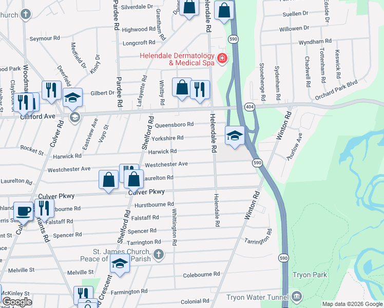map of restaurants, bars, coffee shops, grocery stores, and more near 418 Harwick Road in Rochester