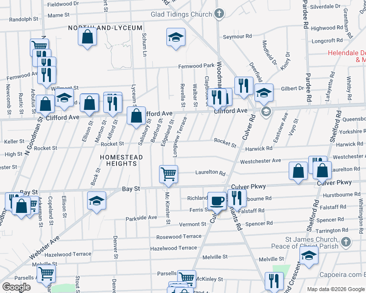 map of restaurants, bars, coffee shops, grocery stores, and more near in Rochester