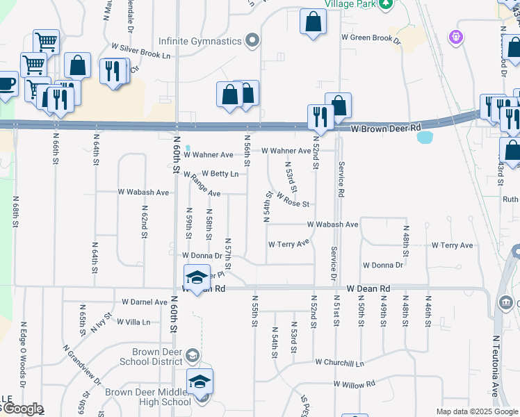 map of restaurants, bars, coffee shops, grocery stores, and more near 8607 North 54th Street in Brown Deer
