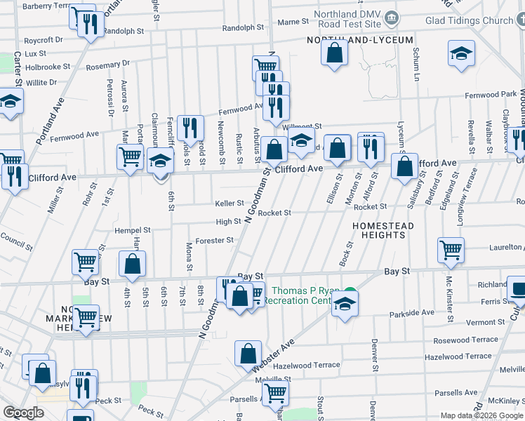 map of restaurants, bars, coffee shops, grocery stores, and more near 1101 Goodman Street North in Rochester