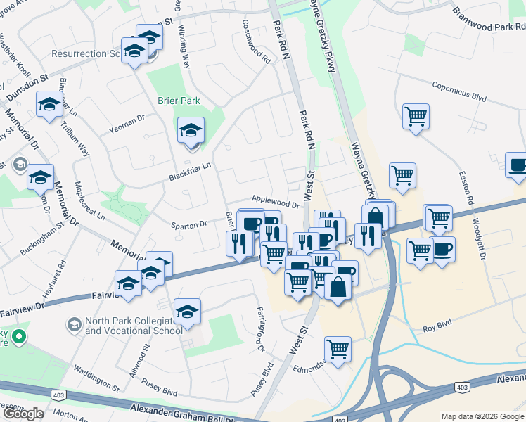 map of restaurants, bars, coffee shops, grocery stores, and more near 18 Applewood Drive in Brantford