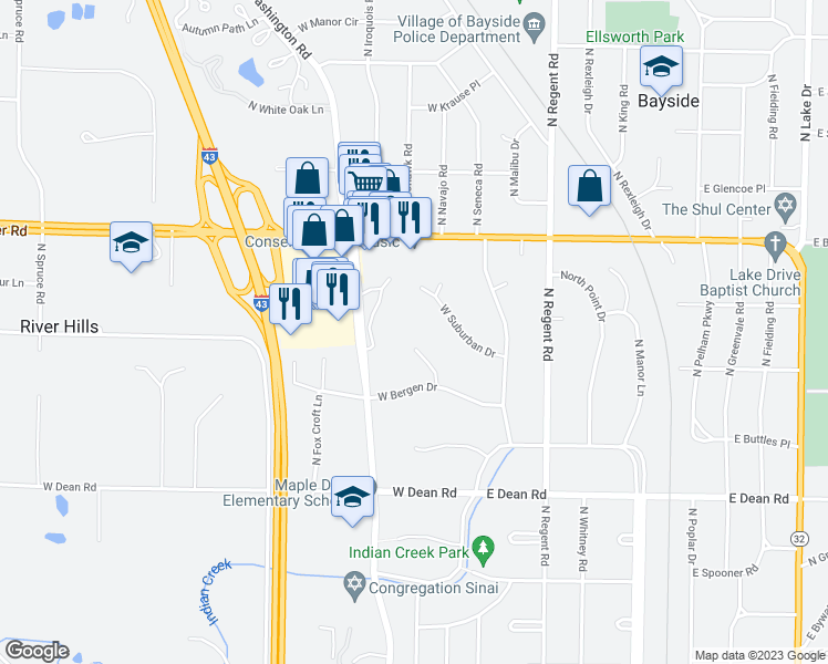 map of restaurants, bars, coffee shops, grocery stores, and more near 308 West Bergen Court in Fox Point