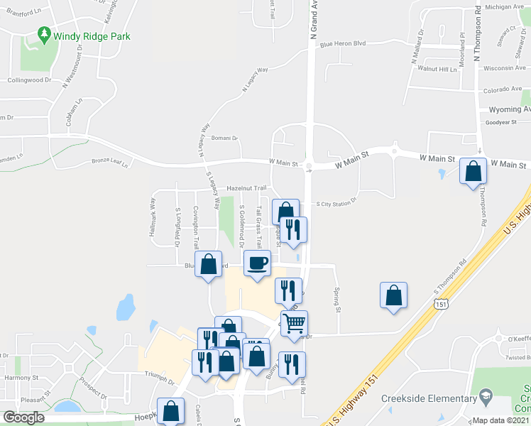 map of restaurants, bars, coffee shops, grocery stores, and more near 275 Tall Grass Trail in Sun Prairie