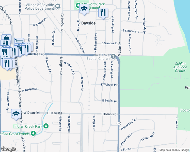 map of restaurants, bars, coffee shops, grocery stores, and more near 725 East Wahner Place in Bayside