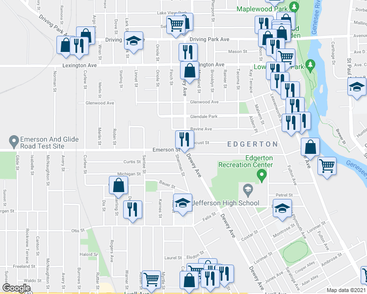 map of restaurants, bars, coffee shops, grocery stores, and more near 513 Dewey Avenue in Rochester