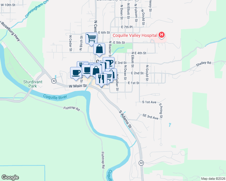 map of restaurants, bars, coffee shops, grocery stores, and more near 246 East Main Street in Coquille