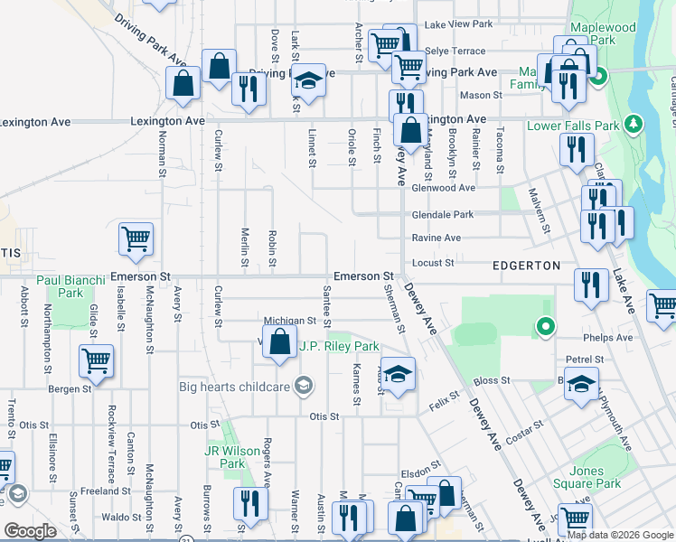 map of restaurants, bars, coffee shops, grocery stores, and more near 258 Santee Street in Rochester