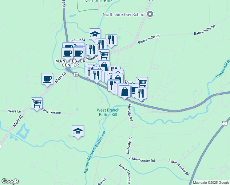 map of restaurants, bars, coffee shops, grocery stores, and more near 365 Depot Street in Bennington County