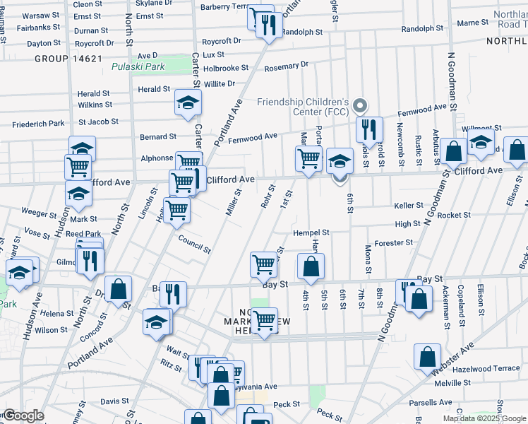 map of restaurants, bars, coffee shops, grocery stores, and more near 172 Rohr Street in Rochester