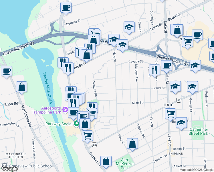map of restaurants, bars, coffee shops, grocery stores, and more near Garfield Lane in St. Catharines