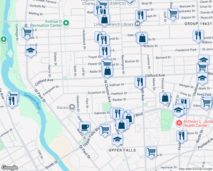 map of restaurants, bars, coffee shops, grocery stores, and more near North Clinton Avenue & Evergreen Street in Rochester