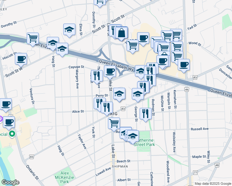 map of restaurants, bars, coffee shops, grocery stores, and more near 250 Lake Street in St. Catharines