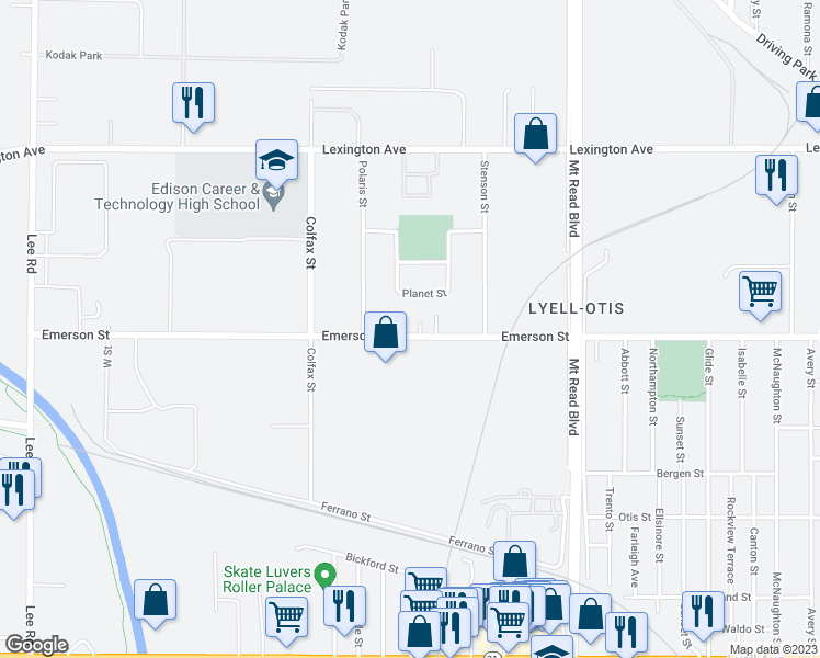 map of restaurants, bars, coffee shops, grocery stores, and more near 1300 Emerson Street in Rochester