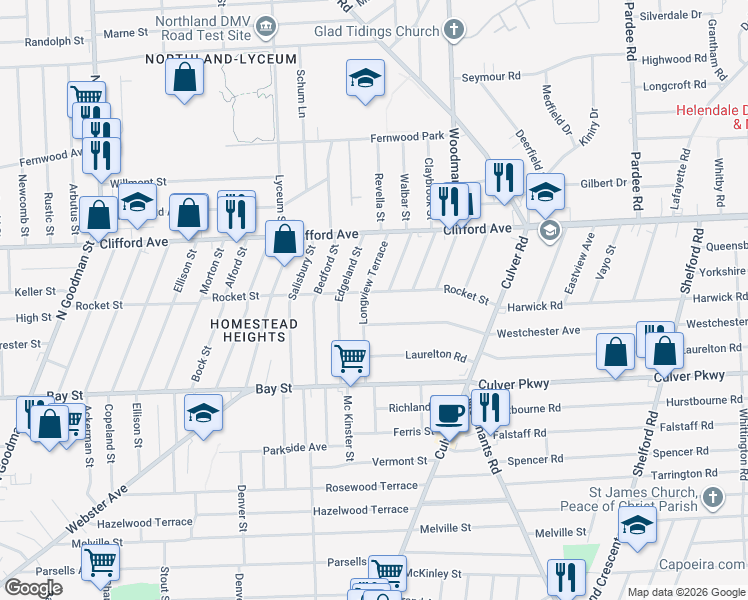 map of restaurants, bars, coffee shops, grocery stores, and more near 3 Lawndale Terrace in Rochester