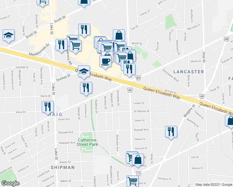 map of restaurants, bars, coffee shops, grocery stores, and more near 59 Kernahan Street in Saint Catharines