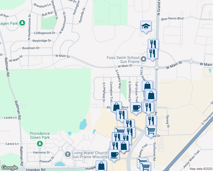 map of restaurants, bars, coffee shops, grocery stores, and more near 241 South Longfield Drive in Sun Prairie