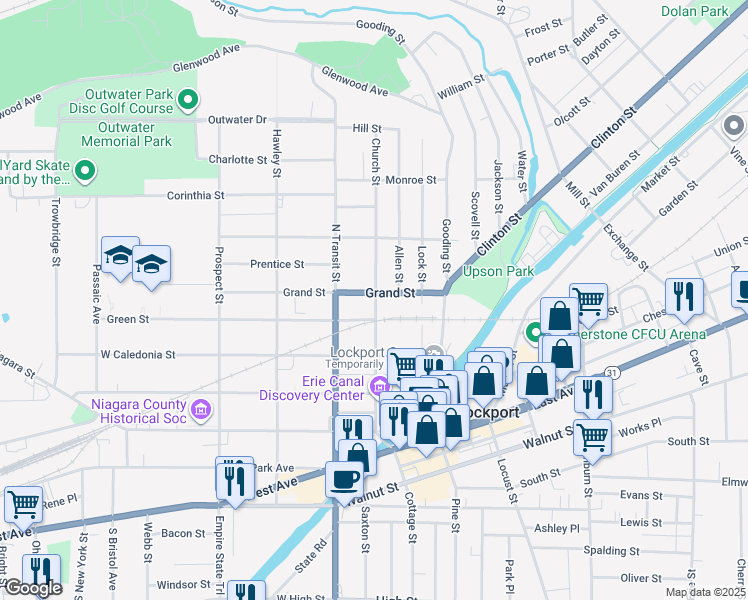 map of restaurants, bars, coffee shops, grocery stores, and more near 127 Grand Street in Lockport