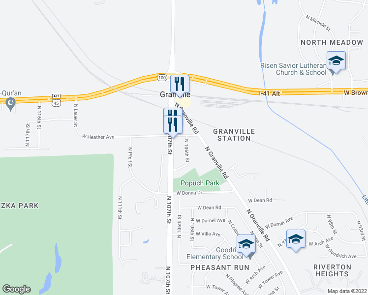 map of restaurants, bars, coffee shops, grocery stores, and more near 8609 North 106th Street in Milwaukee