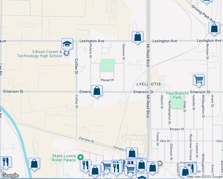 map of restaurants, bars, coffee shops, grocery stores, and more near 1290 Emerson Street in Rochester