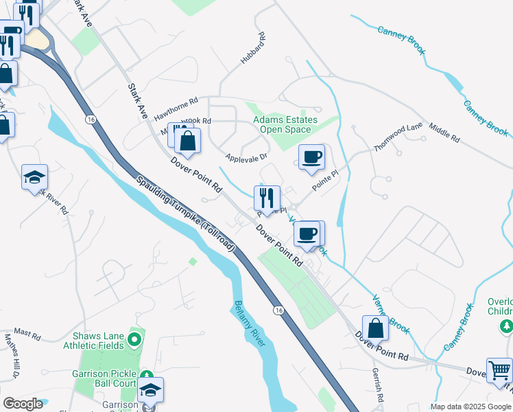 map of restaurants, bars, coffee shops, grocery stores, and more near 30 Dover Point Road in Dover