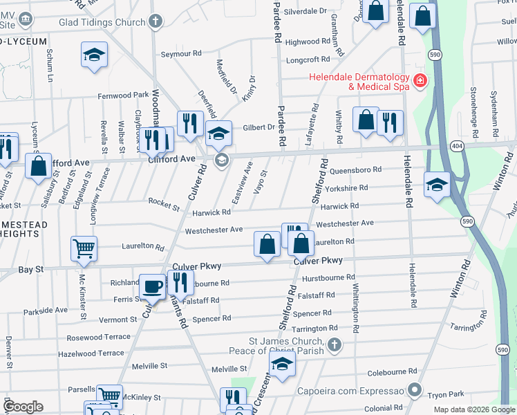 map of restaurants, bars, coffee shops, grocery stores, and more near 21 Vayo Street in Rochester