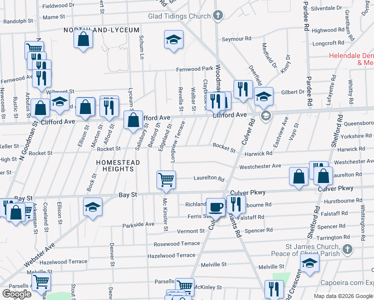 map of restaurants, bars, coffee shops, grocery stores, and more near 3 Lawndale Terrace in Rochester