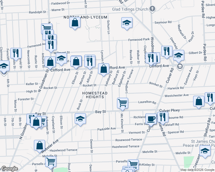 map of restaurants, bars, coffee shops, grocery stores, and more near 147 Bedford Street in Rochester