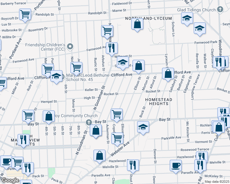 map of restaurants, bars, coffee shops, grocery stores, and more near 180 Winterroth Street in Rochester