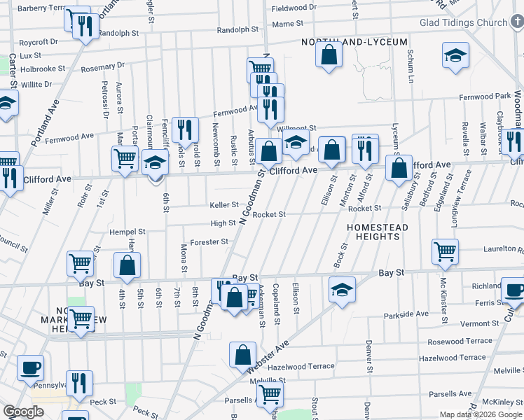 map of restaurants, bars, coffee shops, grocery stores, and more near 180 Winterroth Street in Rochester