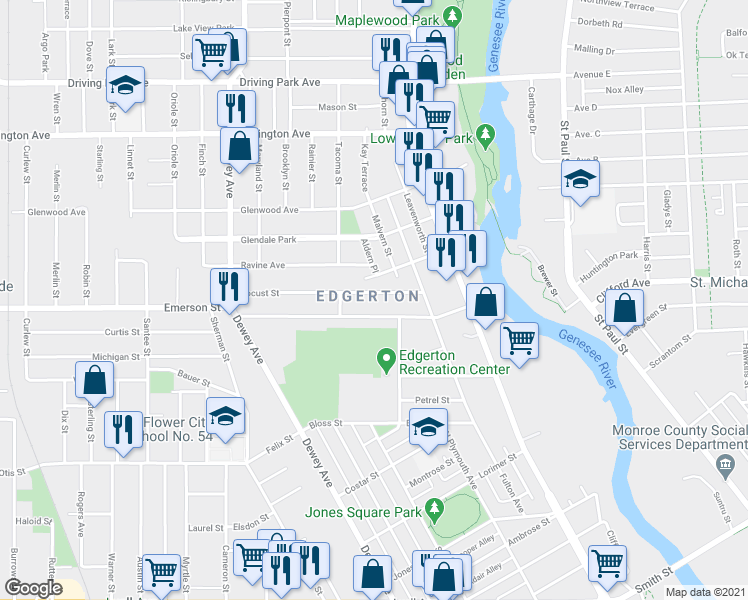 map of restaurants, bars, coffee shops, grocery stores, and more near 36 Locust Street in Rochester
