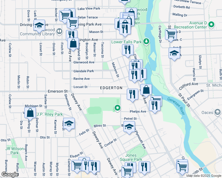 map of restaurants, bars, coffee shops, grocery stores, and more near 36 Locust Street in Rochester